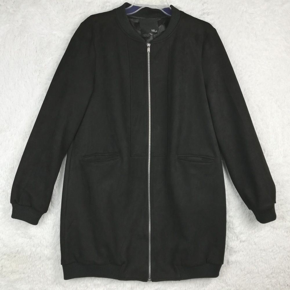 Fate By LFD‎ Womens Jacket Coat Faux Suede Long Black Full Zip Elastic Cuff L